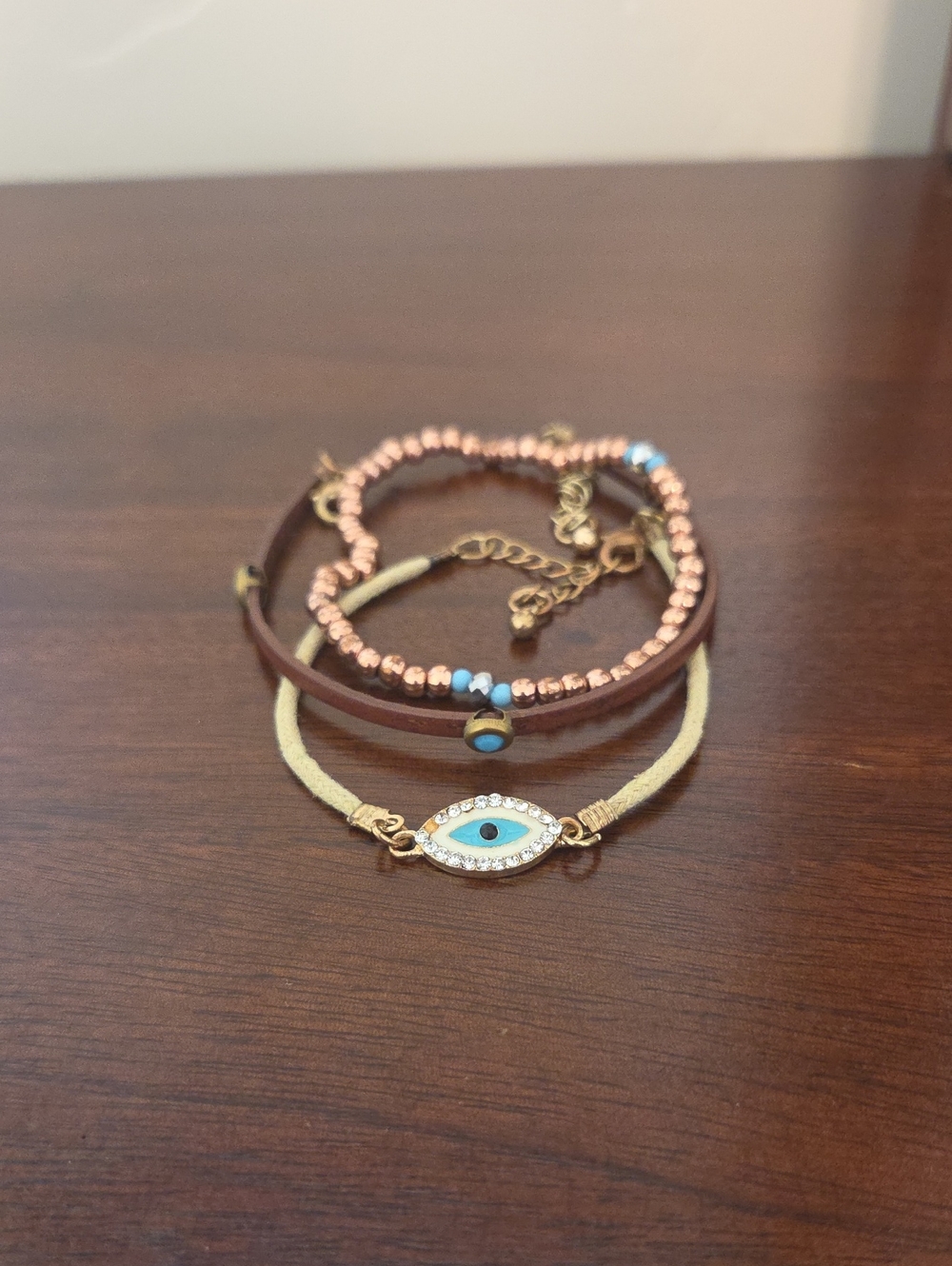 Layered Evil Eye Bracelet Set - Gold, Brown & Pink Beads